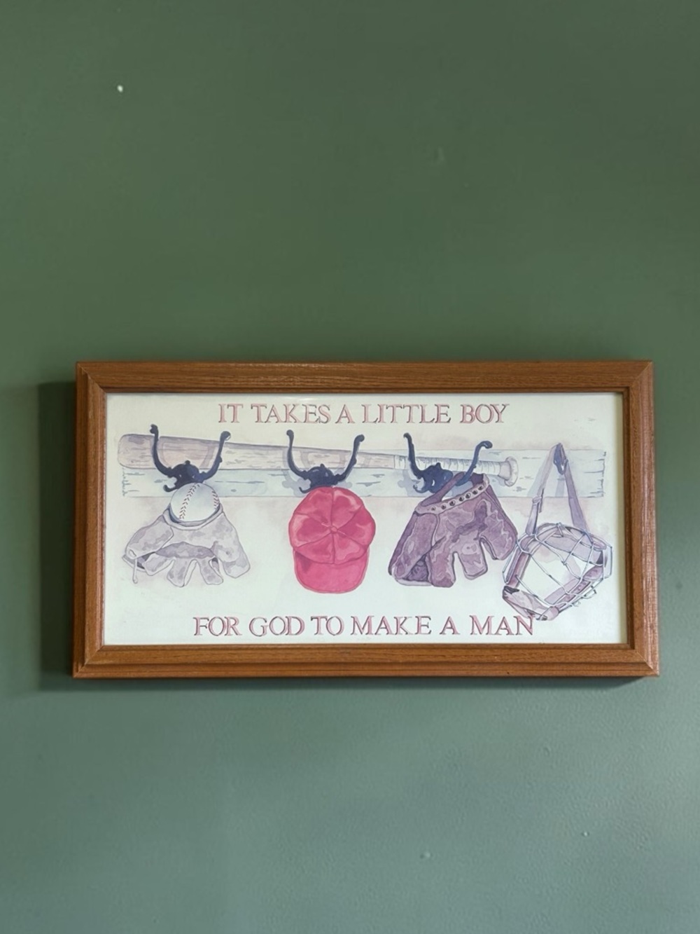 Vintage Baseball Framed Art Faux Watercolor 9.5x17.5